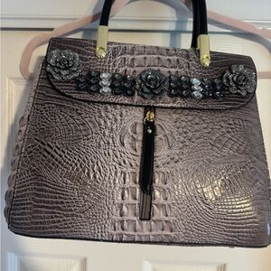 Elegant Crocodile Embossed Handbag with Floral Accents